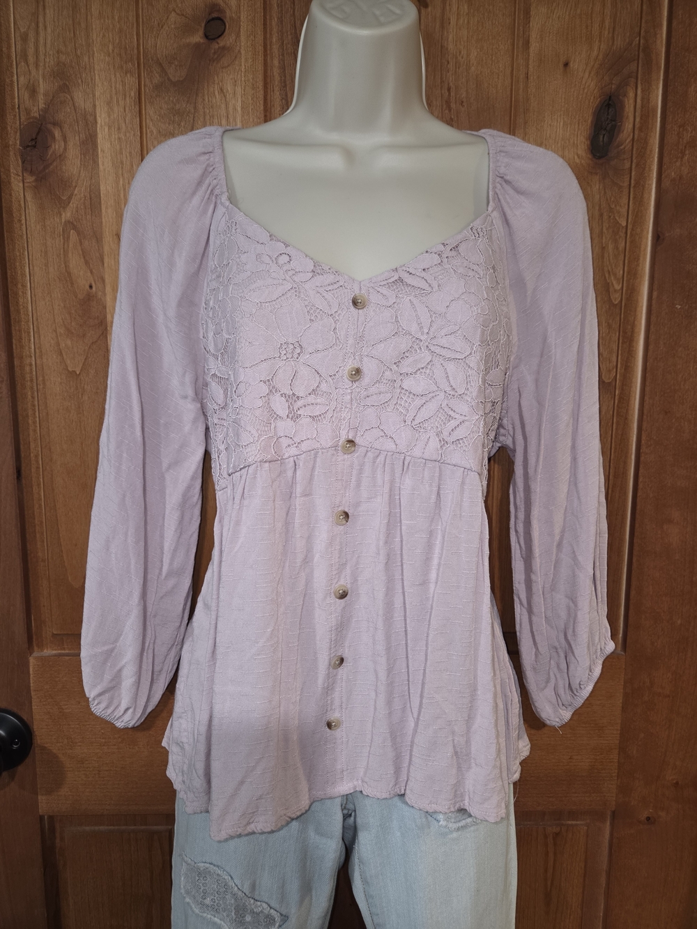 Maurices Soft Lavender Lace Yoke Button-Up Blouse